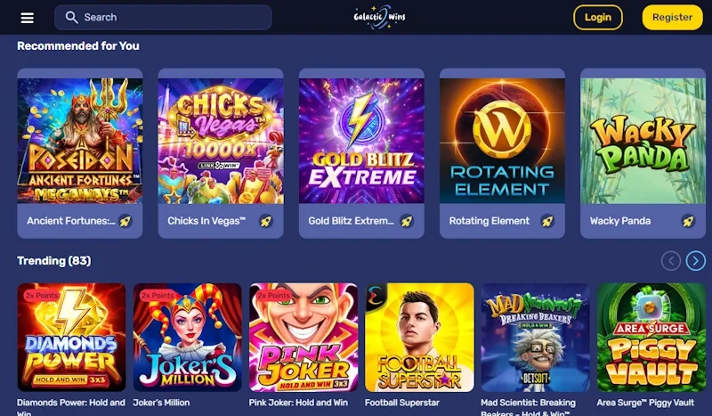 Galactic Wins Casino Homepage